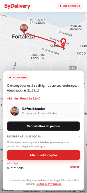 Tela de rastreio ByDelivery A caminho com mapa, ativar notificações e WhatsApp
